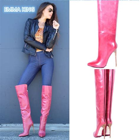 Spring Pink Leather Sexy Over The Knee Boots Women Pointed Toe High