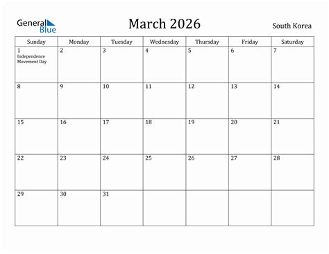 March 2026 Monthly Calendar With South Korea Holidays