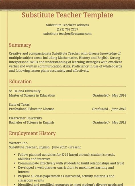 Information and translations of experience is the best teacher in the most comprehensive dictionary definitions resource on the web. Substitute Teacher Resume Sample | Resume.com