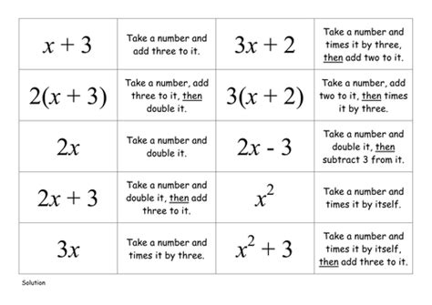 5.02 translate among different representations of algebraic expressions, equations and inequalities. Matching Cards - Algebra in words | Teaching Resources