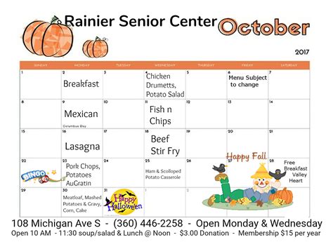 Senior Center Of Rainier News October 2017 Lunch Menu