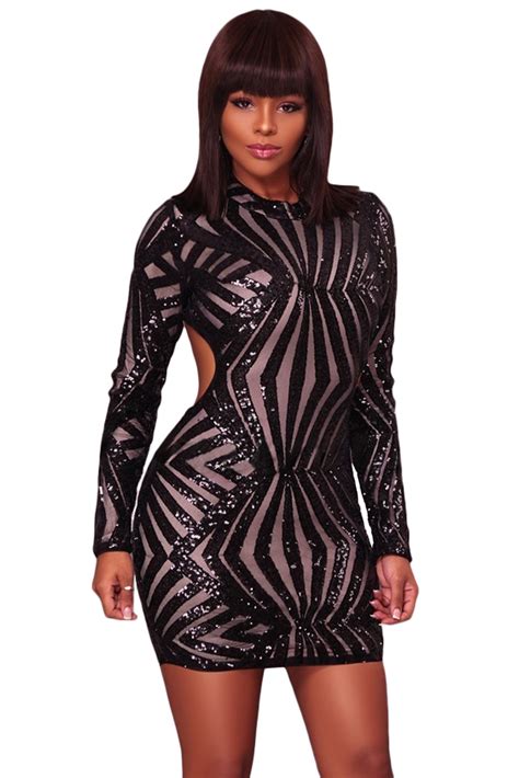 Stylish Black Sequin Detail Open Back Party Mini Dress