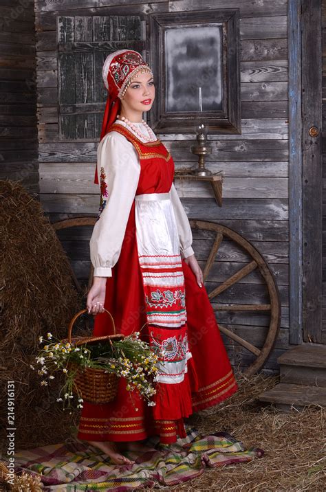 Beautiful Woman Portrait In Russian Style Beautiful Russian Girl In Traditional Dress Russian