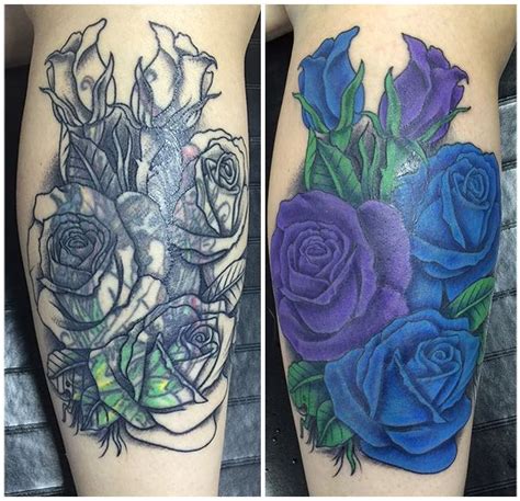 Purple And Blue Rose Cover Up Tattoo Evolution Ink Studio