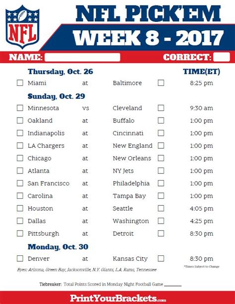 Week 8 Nfl Schedule Printable List Of Nfl Weekly Football