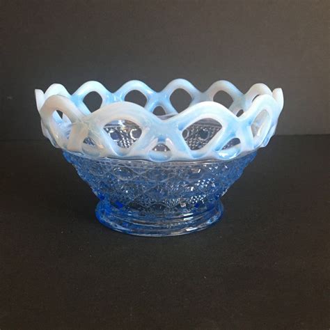 Imperial Glass Opalescent Katy Blue Bowl Laced Edge Opalescent Katy