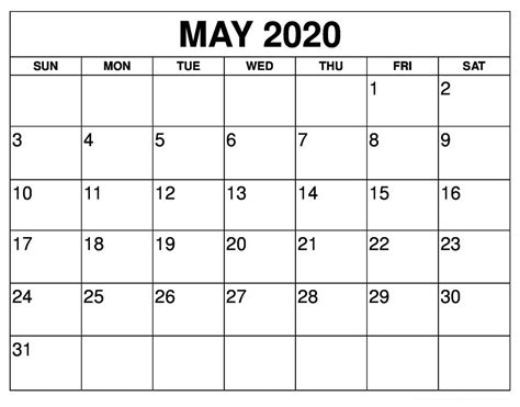 Download our 2020 calendar printable templates to make a calendar for the year 2020. Printable May 2020 Calendar Template - Calendar Printable