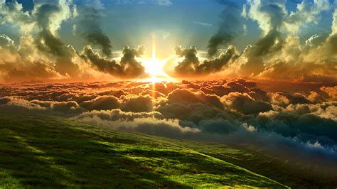Green Grass Hills And Clouds With Sunset Background And Blue Sky Hd