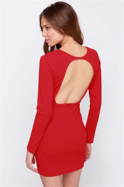 Sexy Red Dress Long Sleeve Dress Backless Dress 7700