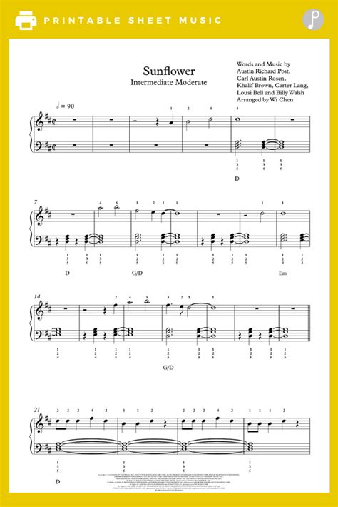 Sunflower Post Malone Easy Piano Sheet Music