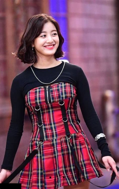 Red Suspendered Plaided Dress Jihyo Twice Fashion Chingu Kpop