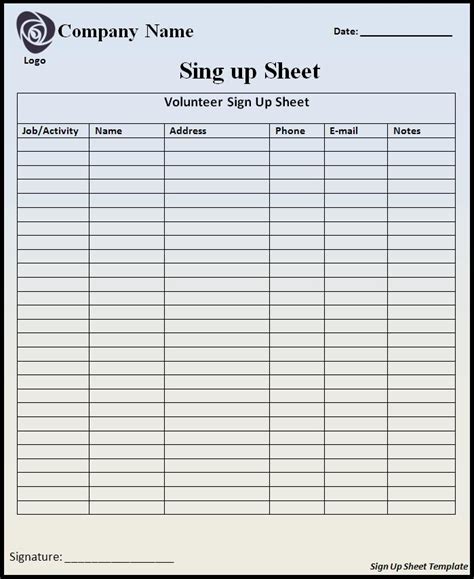 Signup Sheet Examples Free Word Templates