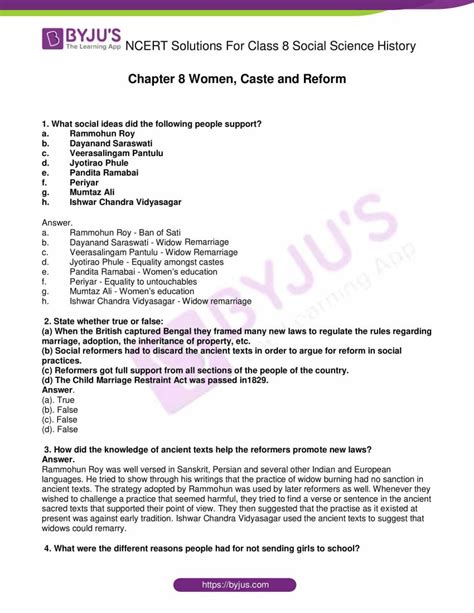 Ncert Solutions For Class 8 History Social Science Chapter 8 Women Caste And Reform