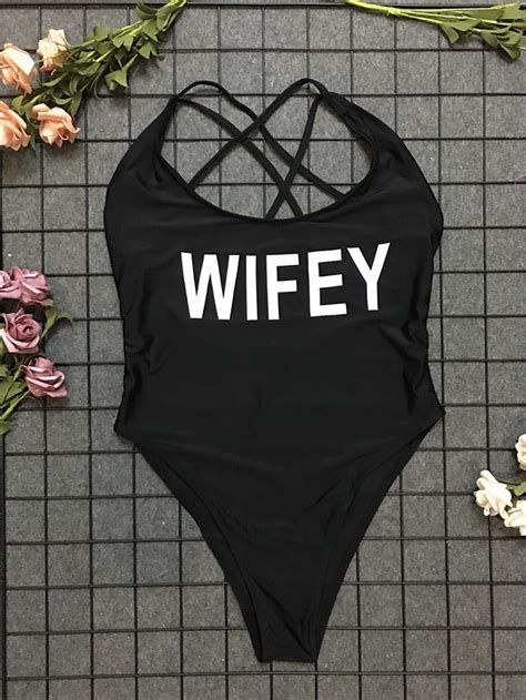 Calvary Women Wifey One Piece Letter Bikini Bodysuit Bather Beach Sexy Back Cross Swimsuit