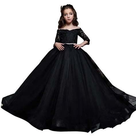 Black Party Dresses For Girls Half Sleeves Puffy Kids Ball Gown Dress