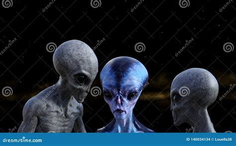Illustration Of Two Gray Aliens Studying A Blue Extraterrestrial In