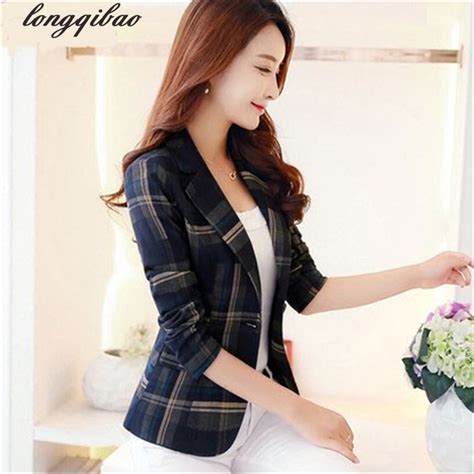New Korean Autumn And A Buckle Small Suit Jacket Female Commuter Classic British Plaid Long