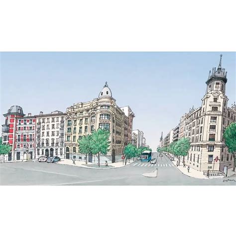 A Drawing Of A City Street With Buildings On Both Sides And Trees In