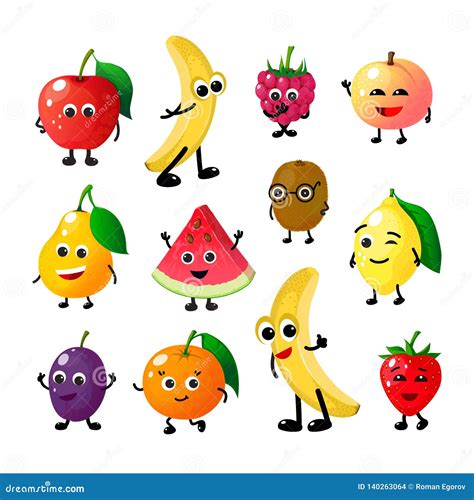 Cartoon Funny Fruits Happy Apple Banana Raspberry Peach Pear Watermelon Lemon Strawberry Faces