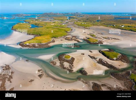 Aerial View From Drone Of Coastal Landscape Looking Towards Island Of