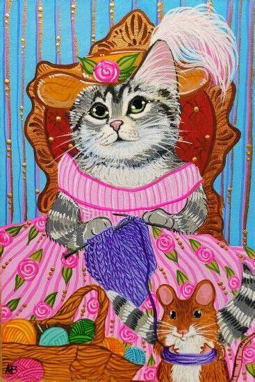 Aceo Original Cat Kitten Tabby Mouse Knitting Yarn Victorian Painting A