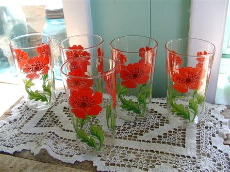 5 pretty red poppy vintage flower drinking glasses etsy