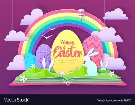 Open Fairy Tale Book With Easter Eggs And Rabbits Vector Image