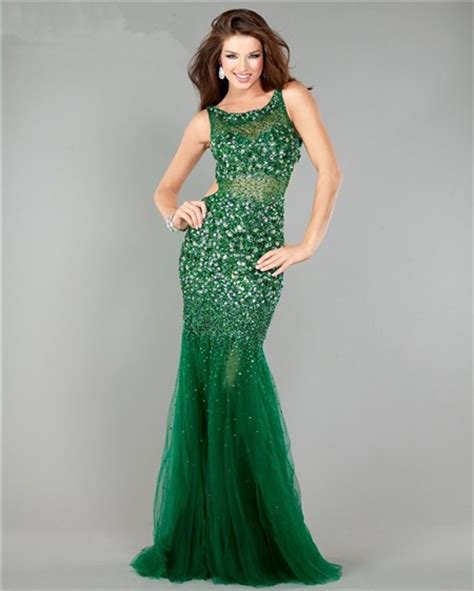 Gorgeous Mermaid Cut Out Backless Emerald Green Tulle Beaded Prom Dress
