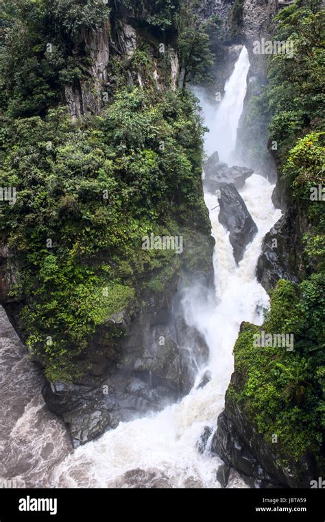 Pailon Del Diablo Mountain River And Waterfall In The Andes Banos
