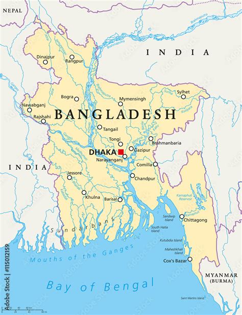 Bangladesh Political Map With Capital Dhaka National Borders