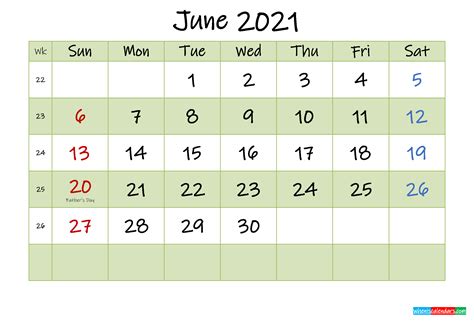 June 2021 Calendar With Holidays Printable Template K21m450