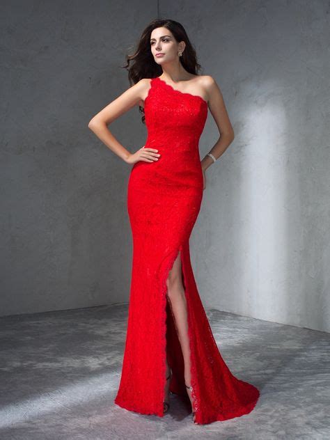 2019 Long Trumpet One Shoulder Lace Red Prom Dresses