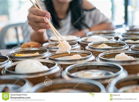 Chinese Streamed Dumpling In Bamboo Basket On Table In Chinese R Stock