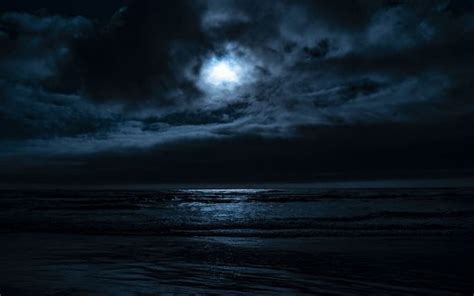 Ocean Waves Under Black White Clouds Blue Sky Moon During Nighttime Hd