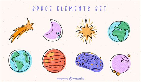 Space Planets Colorful Elements Doodle Set Vector Download