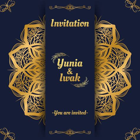 Navy Blue Wedding Invitation Card Template With Gold Mandala Decoration