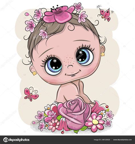 Bebê Bonito Dos Desenhos Animados Com Flores Fundo Branco Vetor De