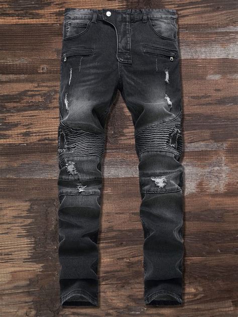 Zip Frayed Ripped Moto Jeans Mens Pants Fashion Black Jeans Men