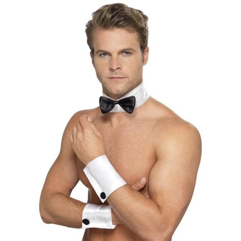 Black Collar Bow Tie And Cuffs Male Stripper Kit Party Costume