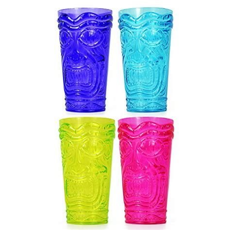 Set Of 4 Party Tiki Cups Bpa Free 16 Ounce Tumbler Drinkware Set Luau Shape 4 Bright Colors