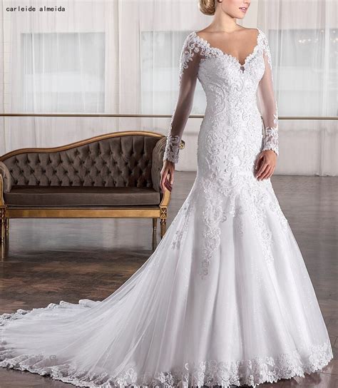 V Neck Long Sleeves Mermaid Wedding Dresses With Pearls And Lace