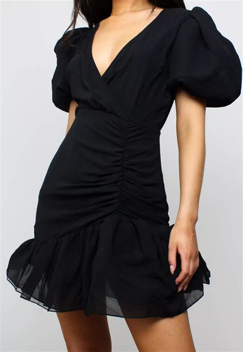 Black Ruched Puff Sleeve Mini Dress Missguided In 2021 Mini Dress