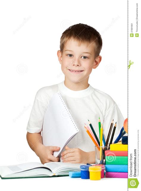 Nice Schoolboy With Books And Pencils Stock Image Image Of Portrait