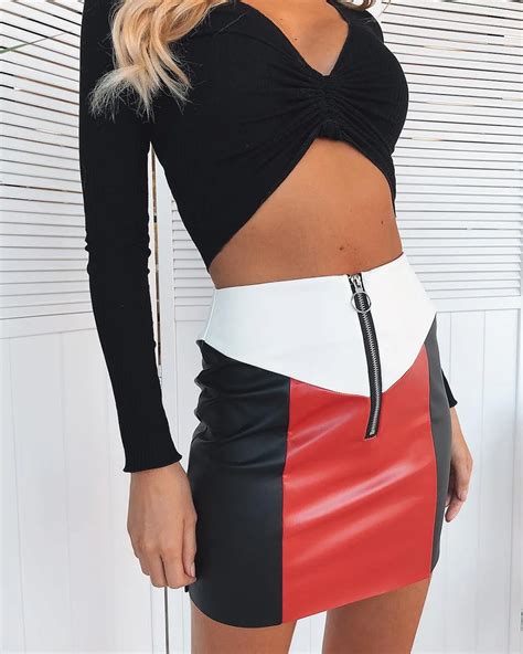 Women Skirt O Ring Zip Up Patchwork Pu Leather Skirts Slim Contrast Color Elegant Ladies Bodycon