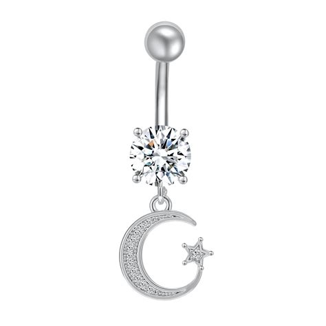 14g Drop Dangle Moon Stars Belly Button Rings Rose Gold Crystal Navel Piercing Jewelry Silver