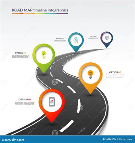 Road Map Timeline Infographic Template With 5 Colorful Pin Pointers On