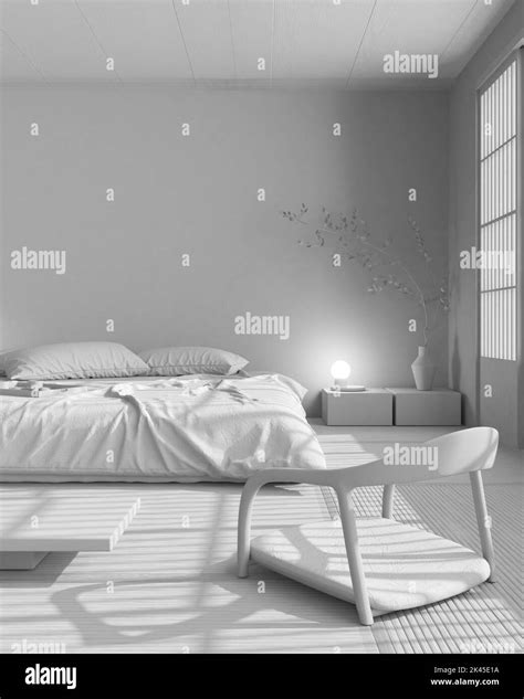 Total White Project Draft Japandi Bedroom Mock Up Bed With Pillows