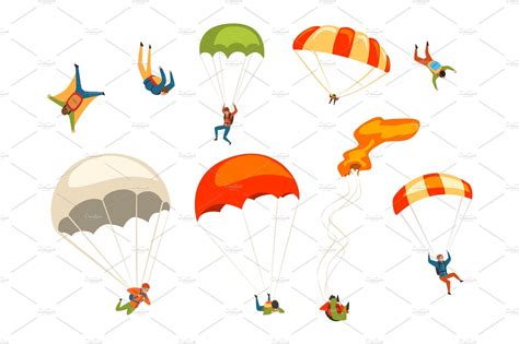 Skydivers Flying With Parachutes People Illustrations Creative Market