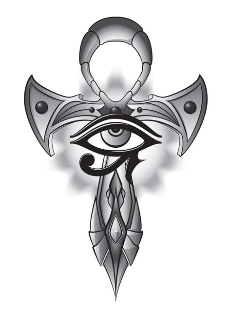 Grey Ink Ankh And Tribal Horus Eye Tattoo Design