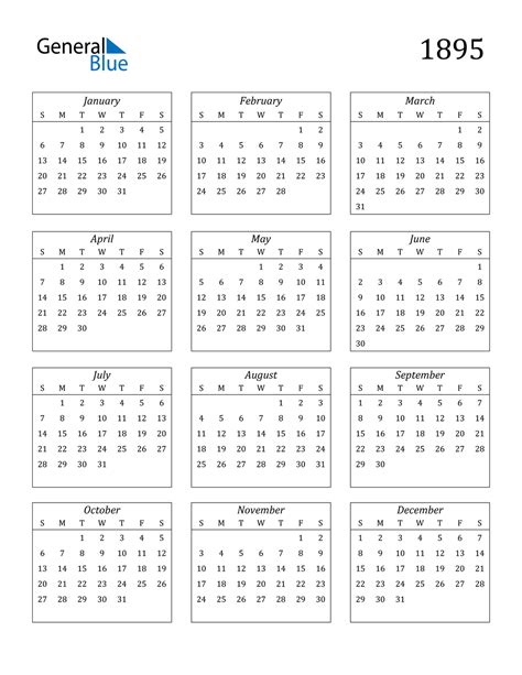 1895 Calendar Pdf Word Excel